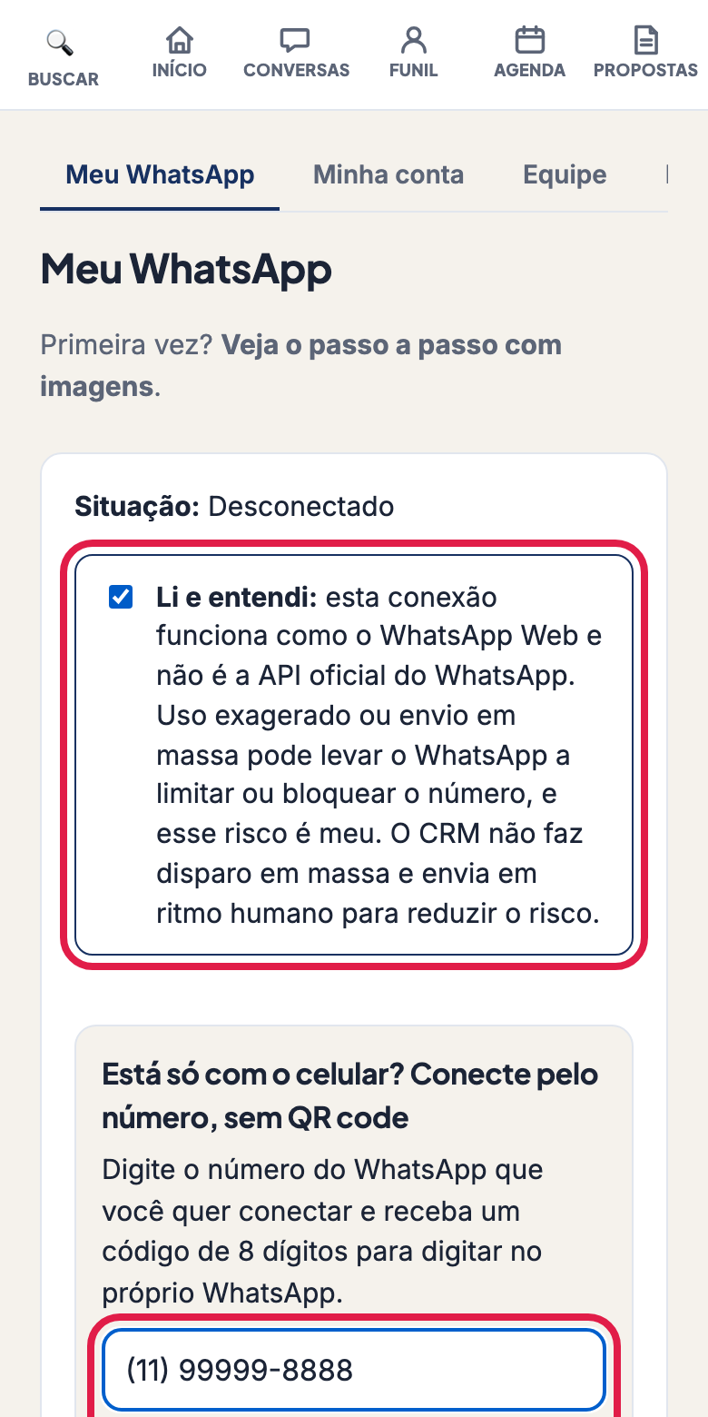 Tela Meu WhatsApp com o campo do número e o botão Receber código marcados