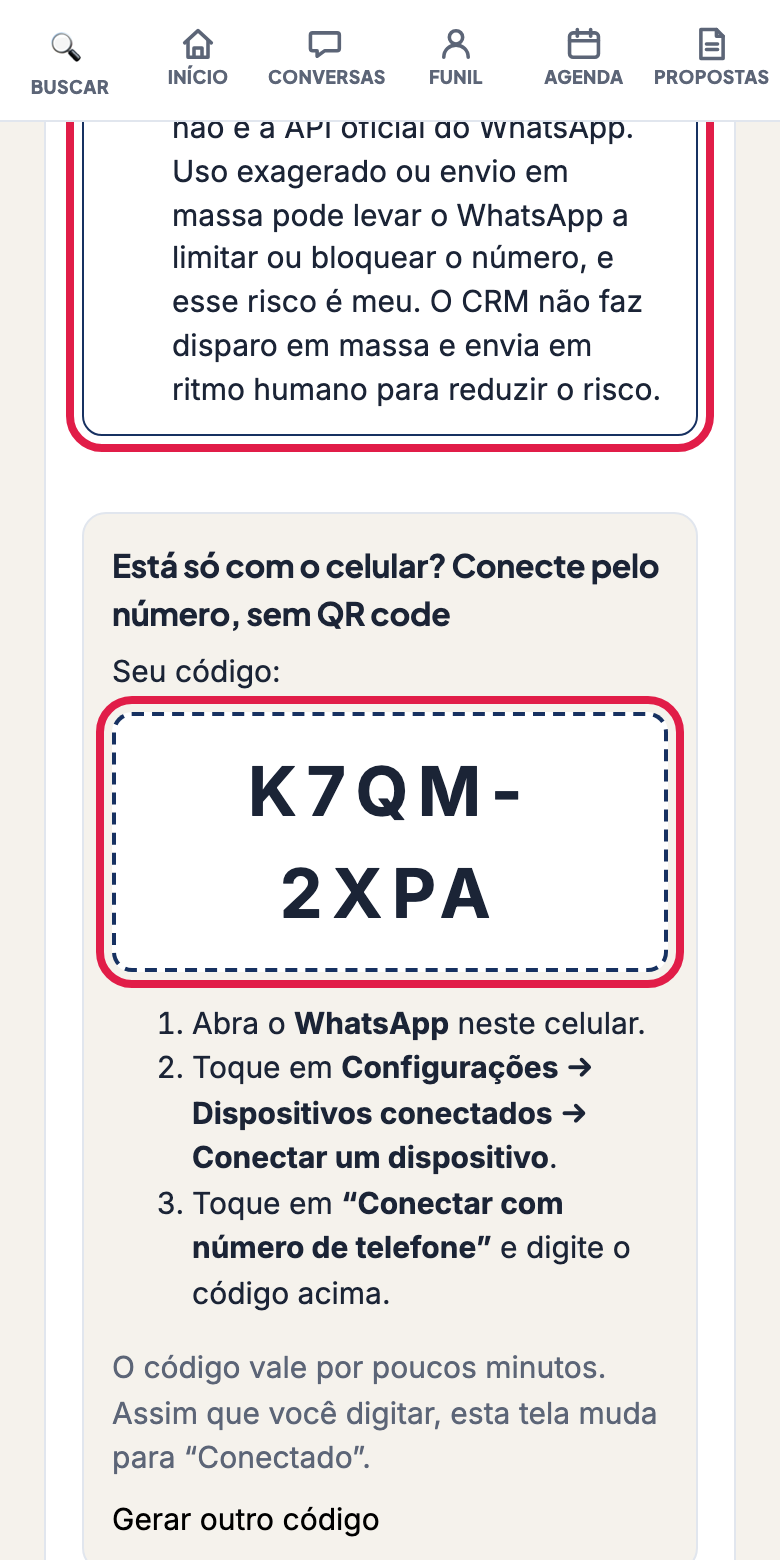 Tela com o código de 8 dígitos marcado