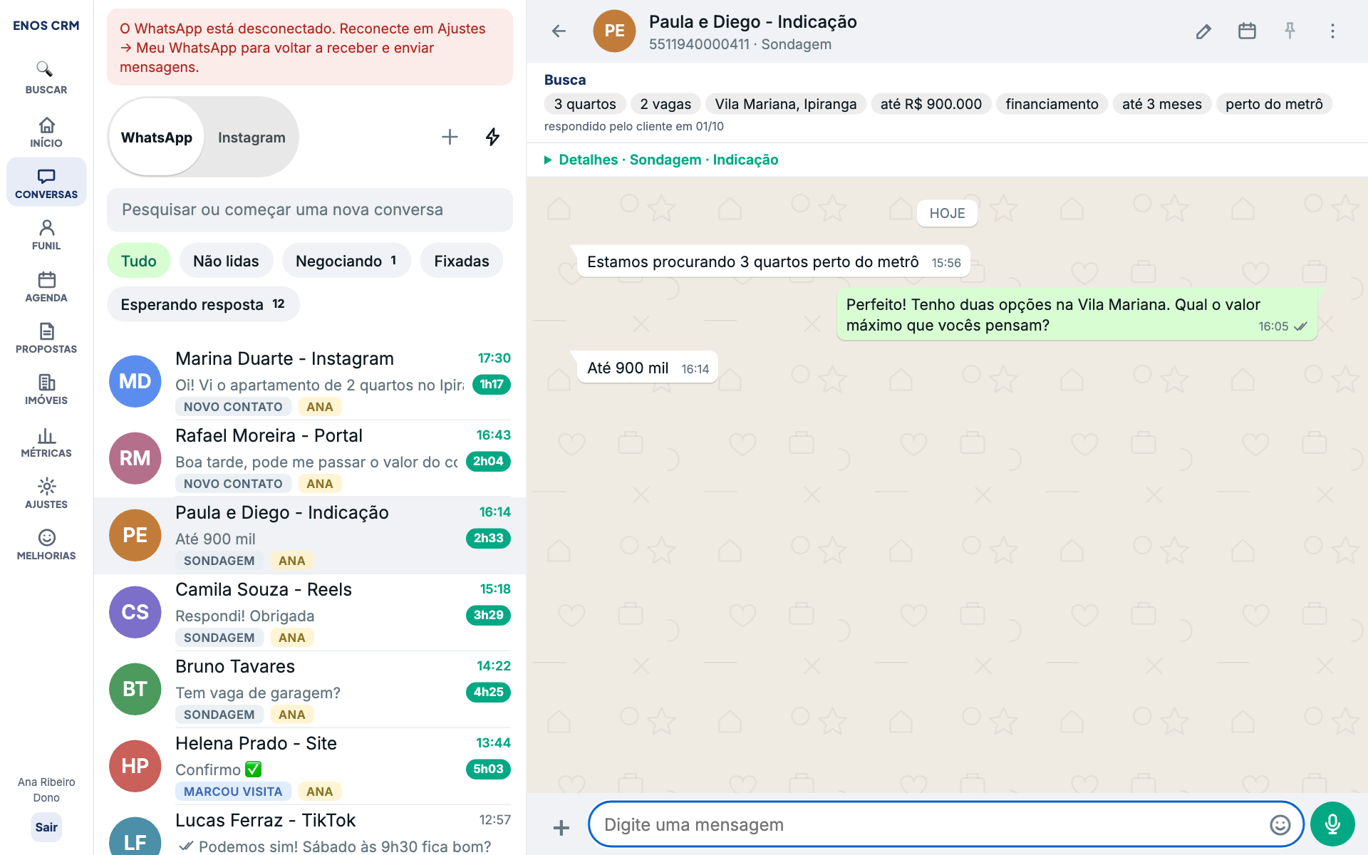Tela de conversas do TalkImob CRM, parecida com o WhatsApp