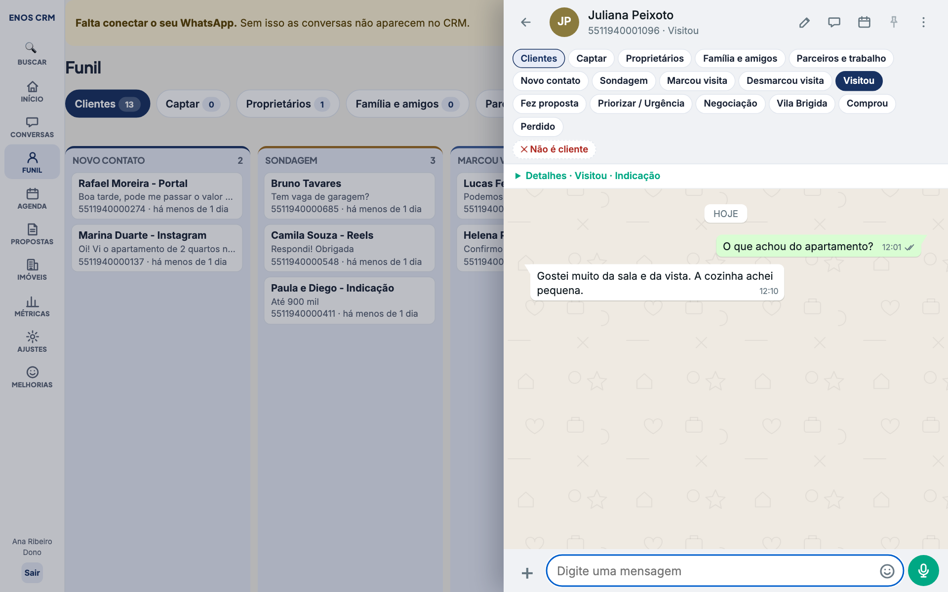 Funil de clientes com a conversa aberta ao lado